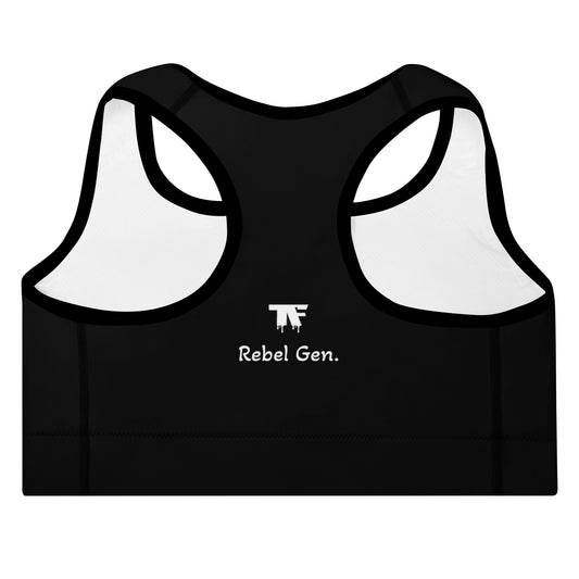 Activewear for women. Black padded sport bra signed TheFamous. 