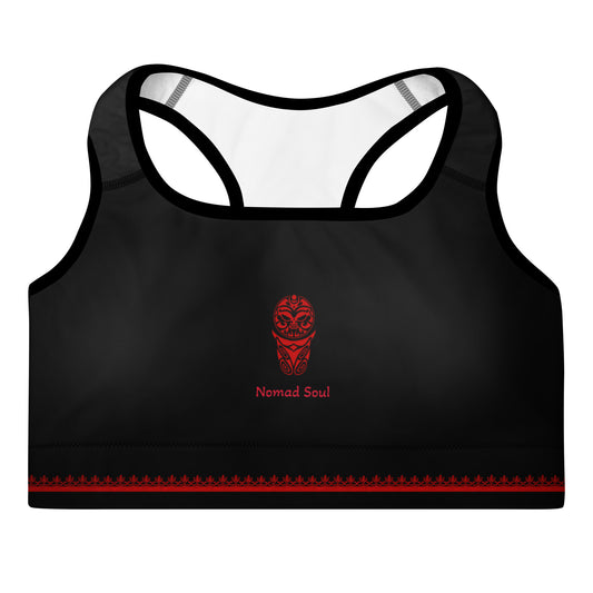 Activewear for women. Black padded sport bra with a touch of red  tattoos