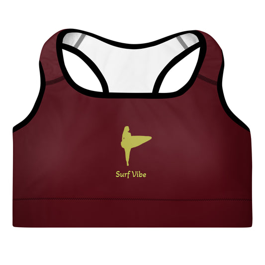 Activewear for women. surf inspired padded sport bra burgundy and anis  with a surfer tattoo