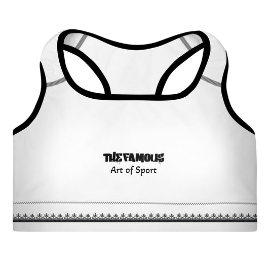Activewear for women. White padded sport bra with TheFamous signature