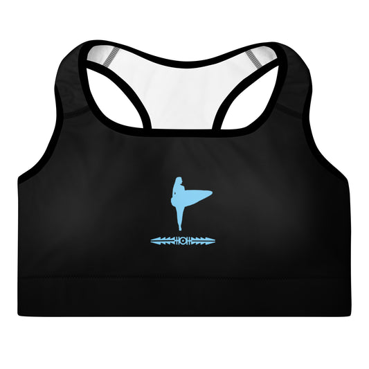 Activewear for women. black padded limited edition sports bra with surfer tattoo