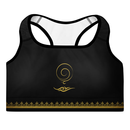Activewear for women. Black padded Sport Bra with Gold tattoos. 