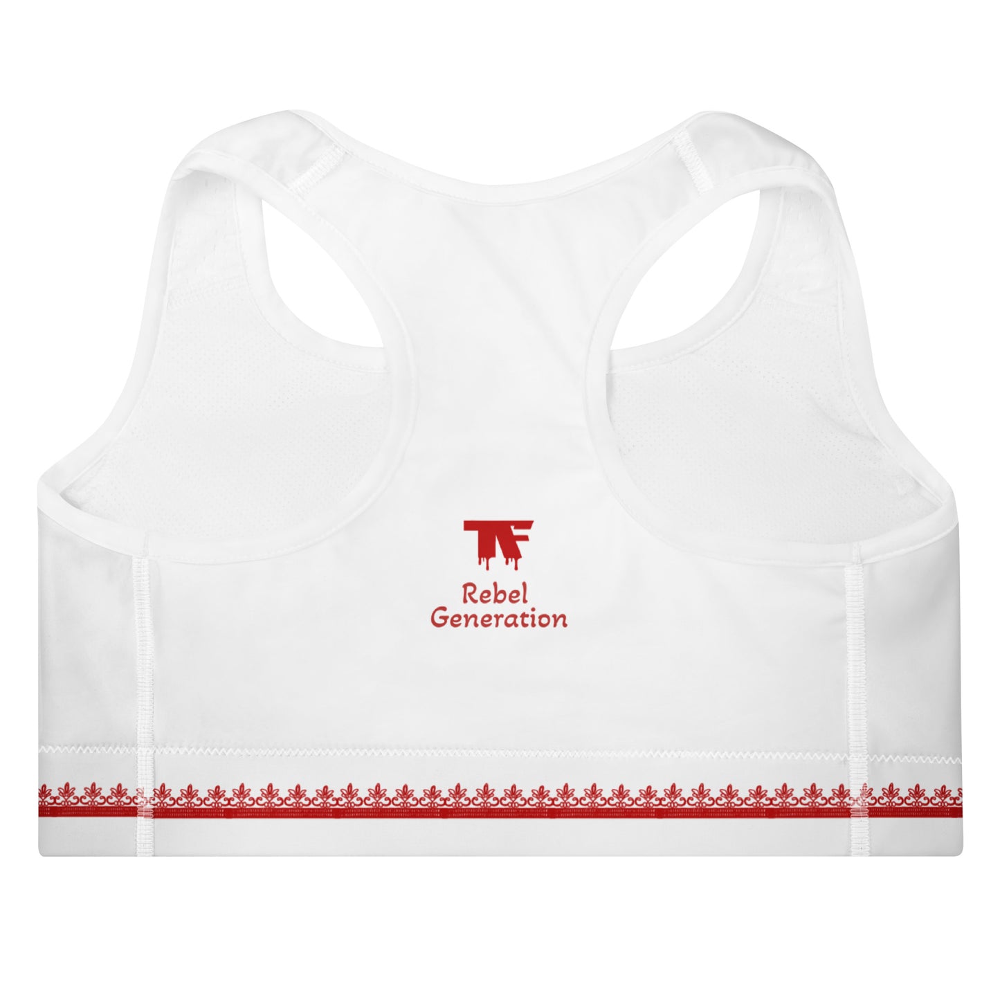 Activewear for women. White padded sport bra with a red Morocco inspired design