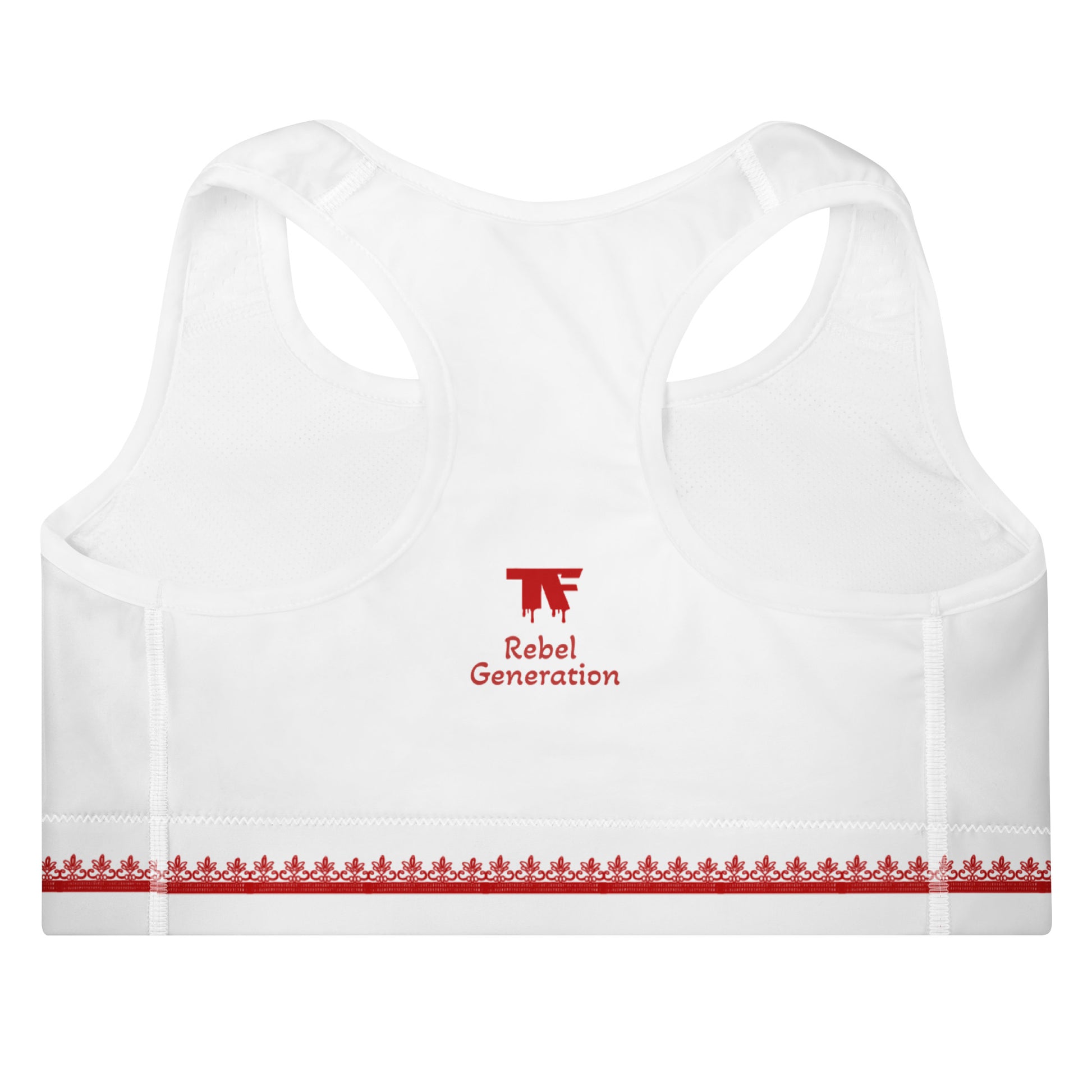 Activewear for women. White padded sport bra with a red Morocco inspired design