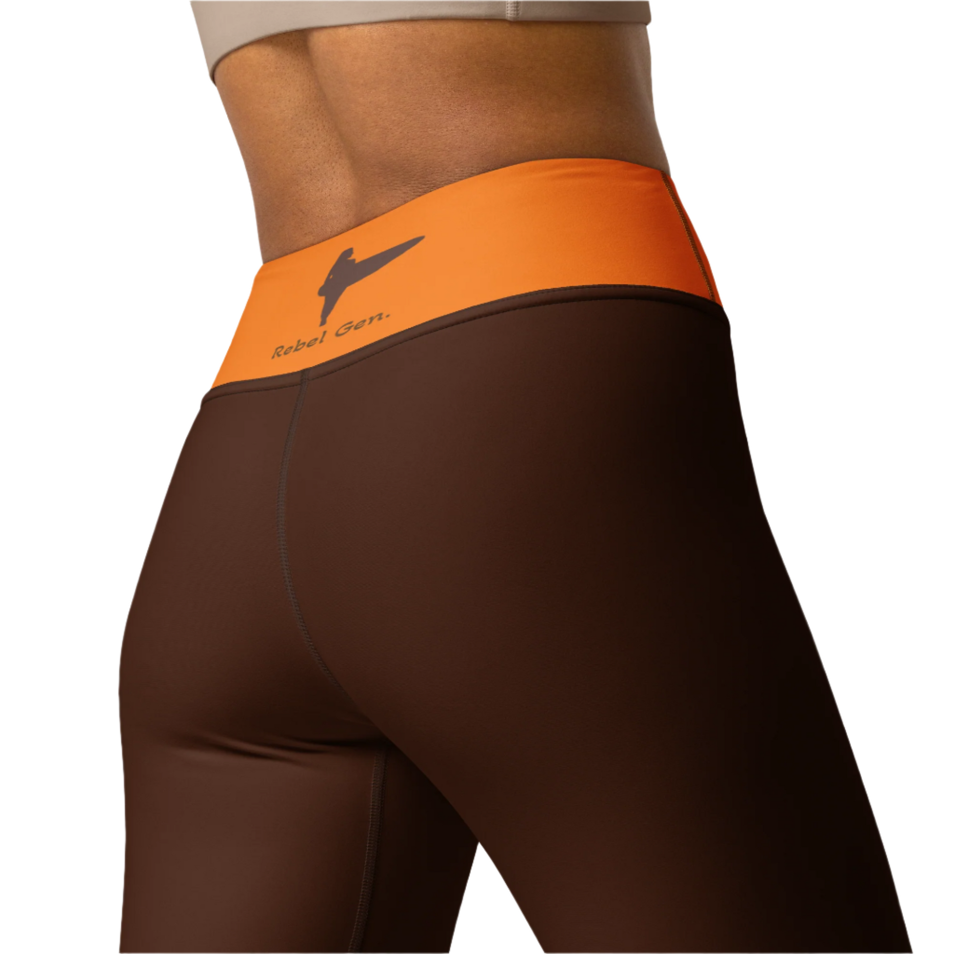 Activewear for women. Athleisure limited edition brown leggings with an orange waist and surfer tattoos. 