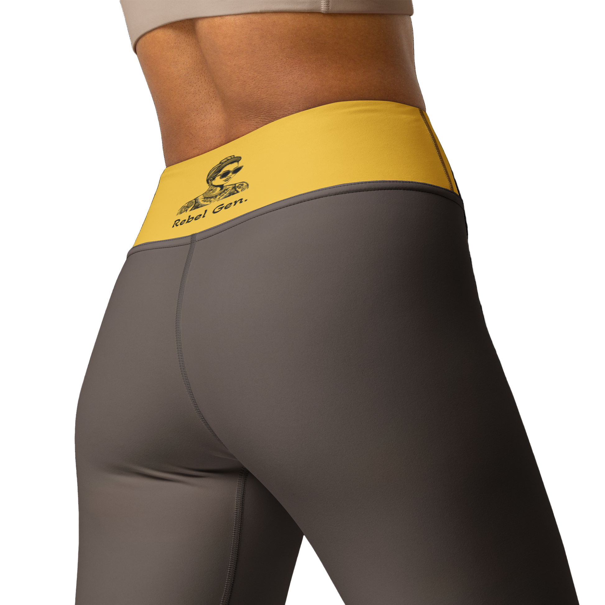 Activewear for women.  High waisted leggings brown and yellow with superb back tattoos.