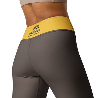 Activewear for women.  High waisted leggings brown and yellow with superb back tattoos.