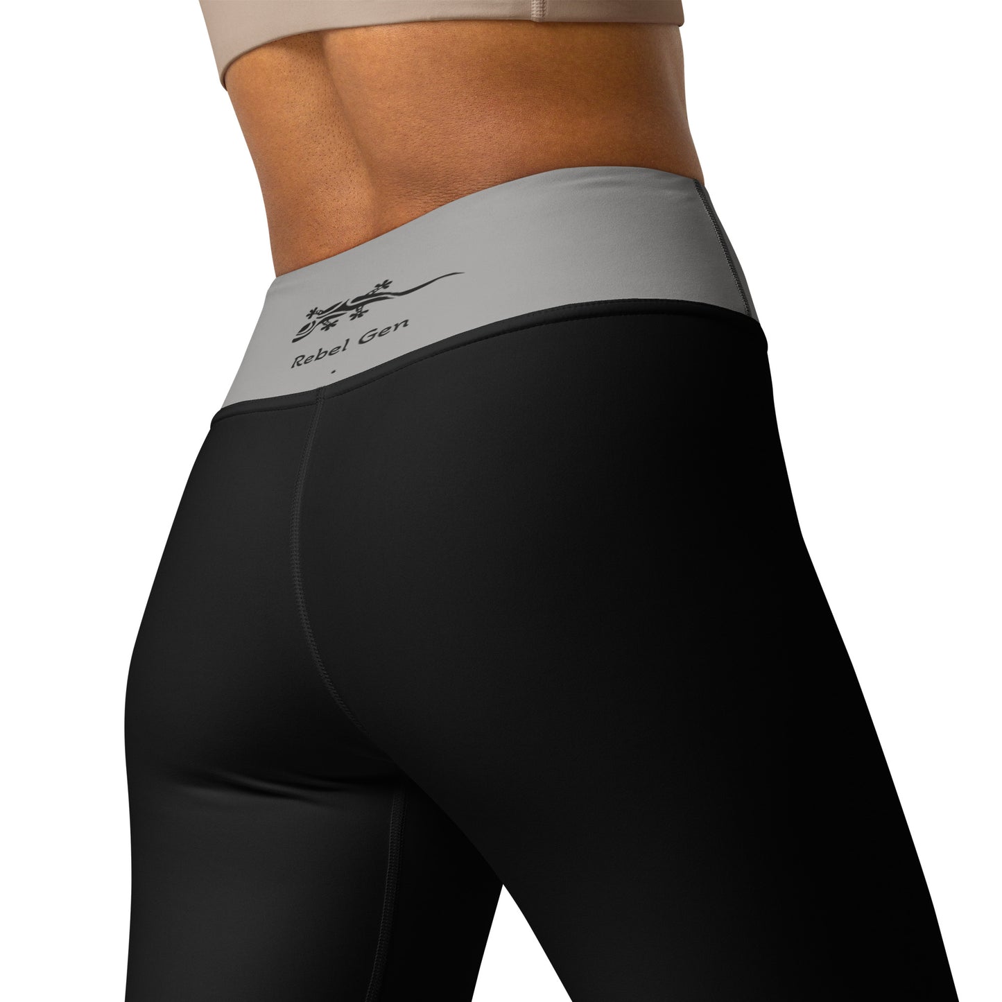 Sporty Chic Black leggings with a grey  taupe waistband