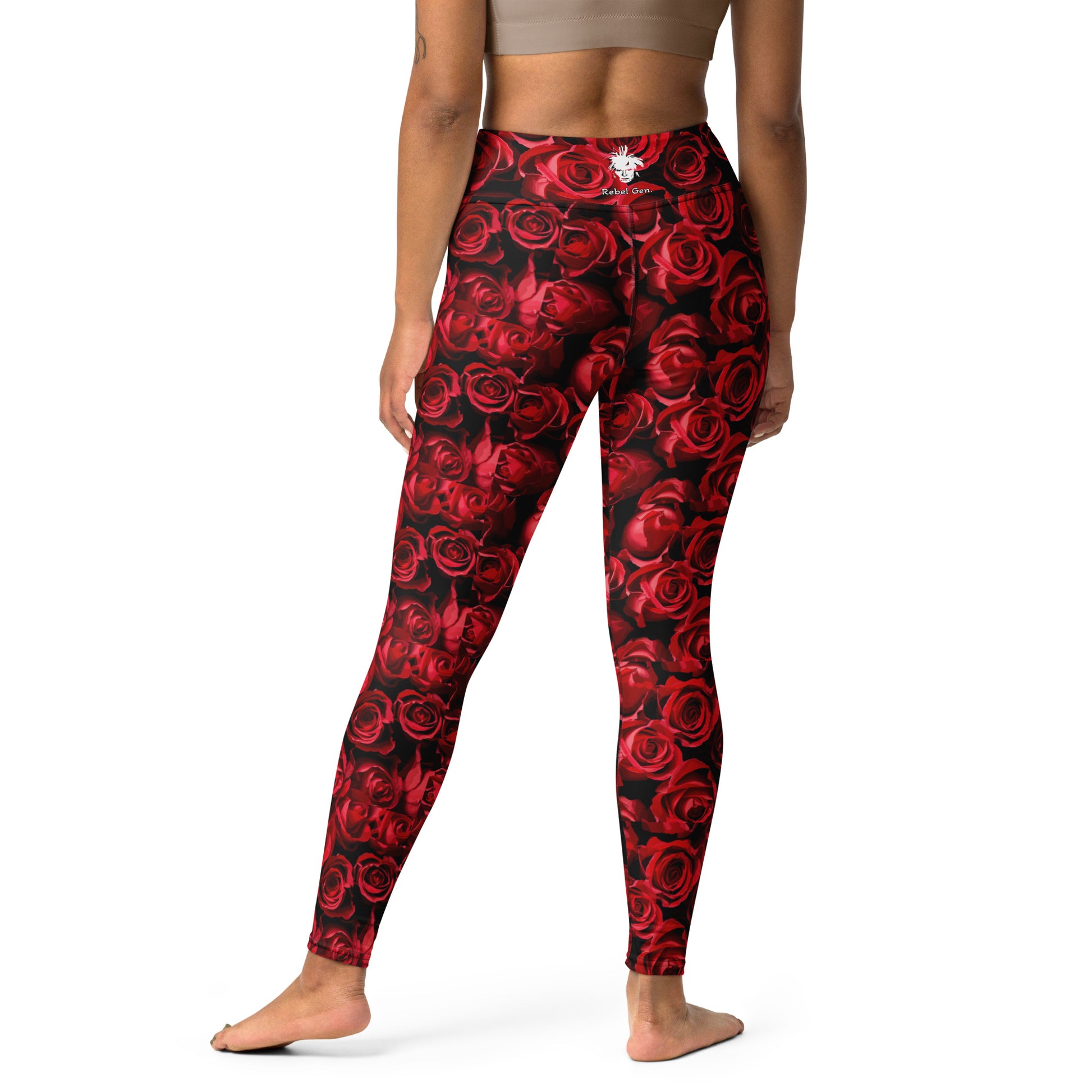 High-waisted yoga leggings featuring an exclusive red rose camouflage pattern