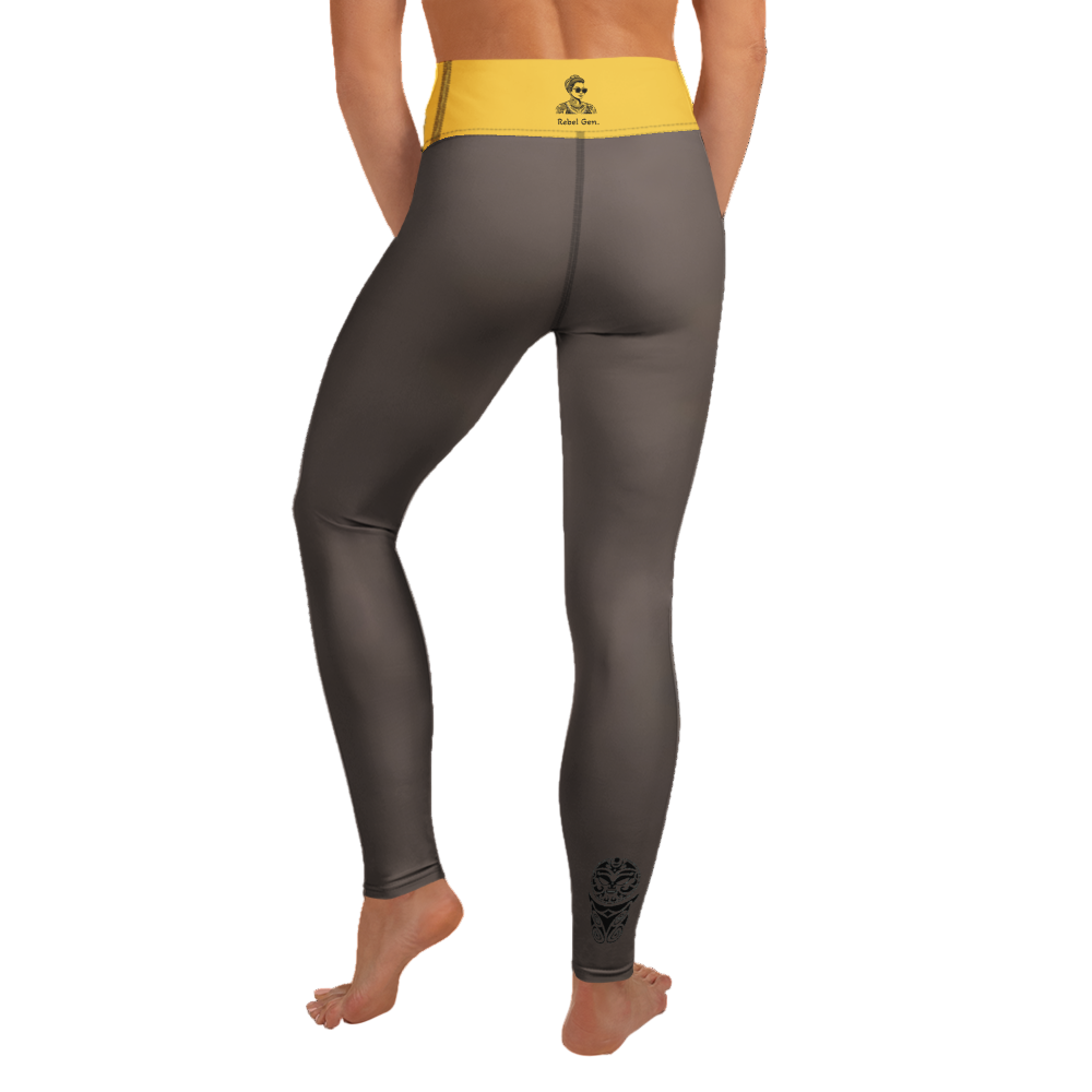 Activewear for women.  High waisted leggings brown and yellow with superb back tattoos.
