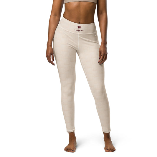 Activewear for women - limited edition leggings outfit beige Raphia inspired with Burgundy tags and tattoos powered by TheFamous Studio