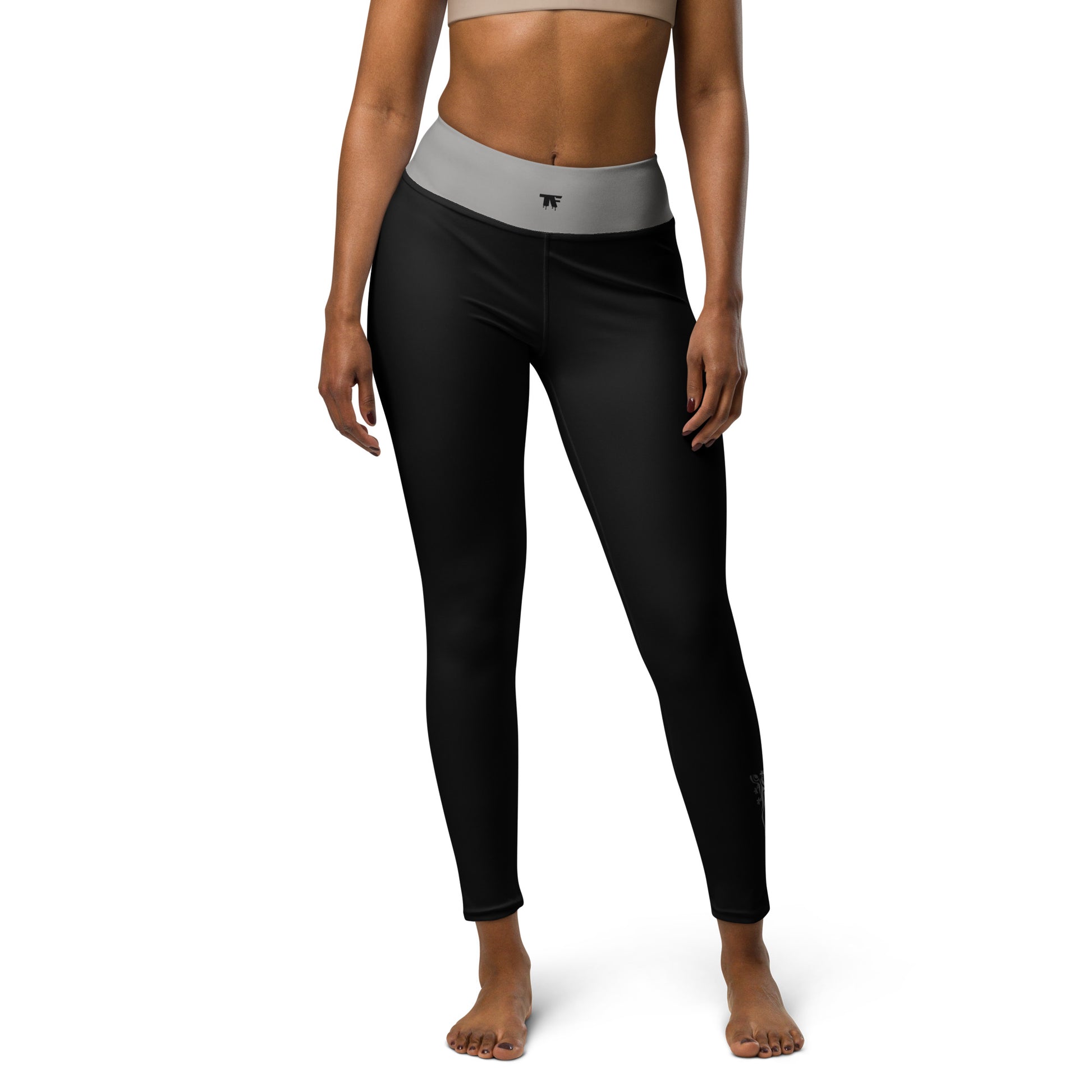 Sporty Chic Black leggings with a grey  taupe waistband