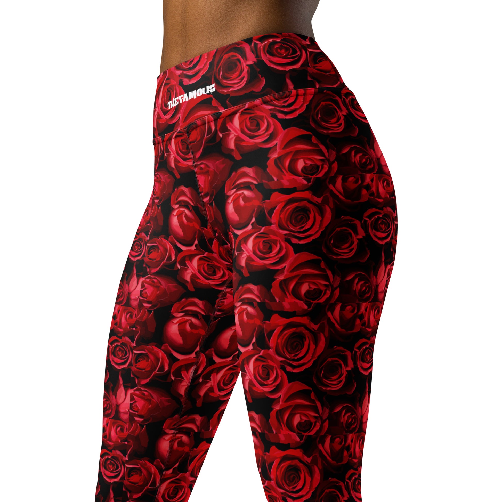 High-waisted yoga leggings featuring an exclusive red rose camouflage pattern