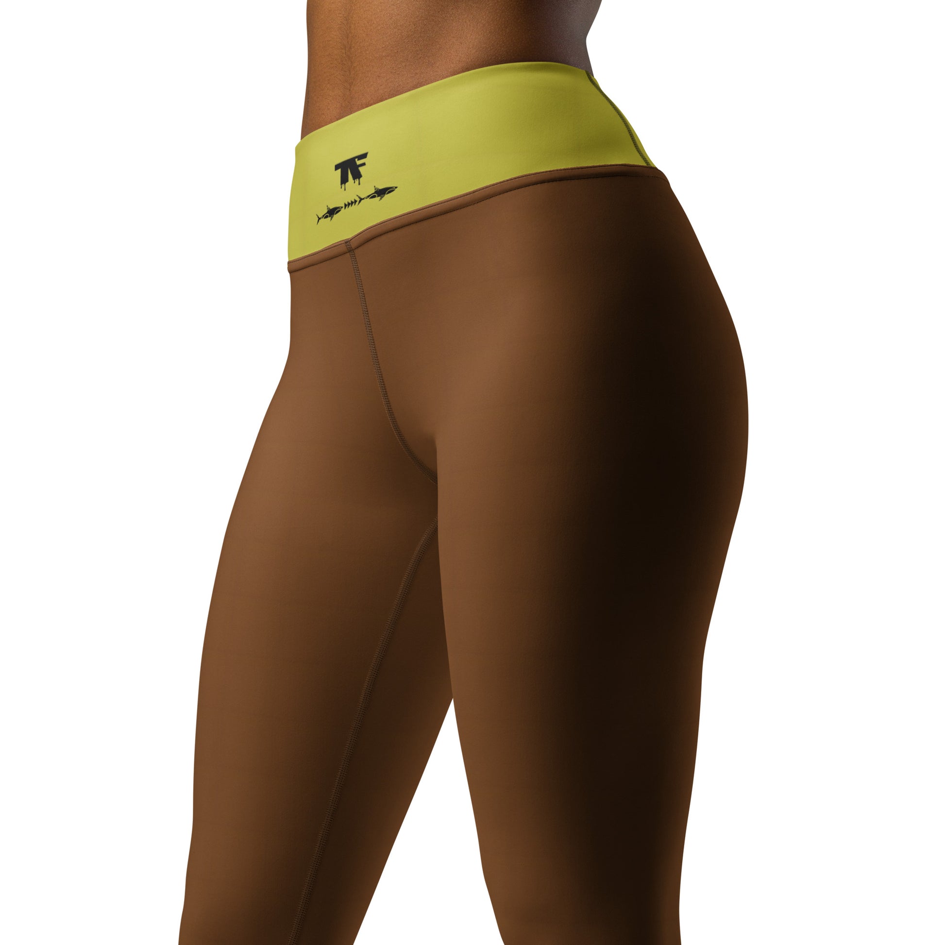 High waisted yoga leggings mocha with a green citronella waist  | Limited edition 