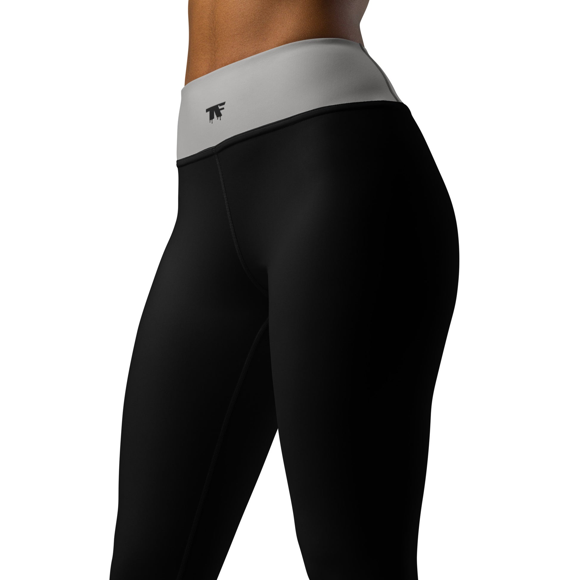 Sporty Chic Black leggings with a grey  taupe waistband