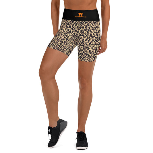 Activewear for women. High waisted shorts with a brown leopard print and a black waist from TheFamous Fauve Series. 