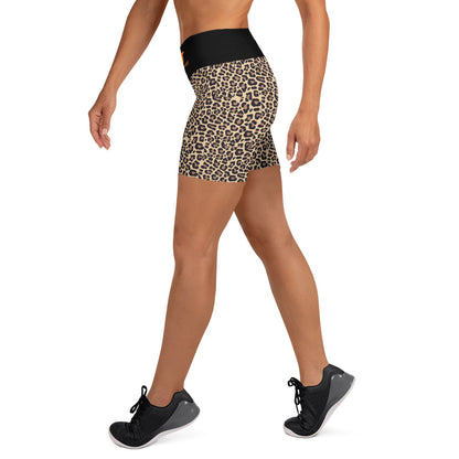 Activewear for women. High waisted shorts with a brown leopard print and a black waist from TheFamous Fauve Series. 