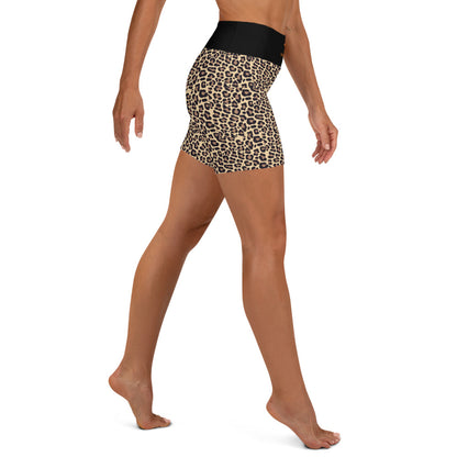 Activewear for women. High waisted shorts with a brown leopard print and a black waist from TheFamous Fauve Series. 
