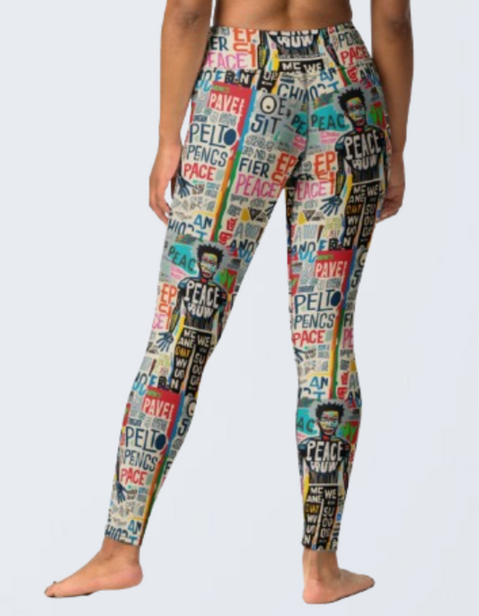  Exclusive leggings featuring a dynamic camouflage pattern infused with vibrant street art elements, 