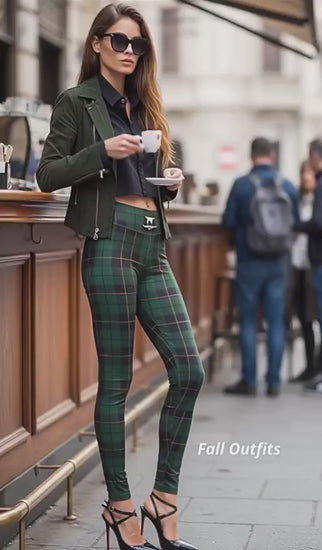 TheFamous Street Series timeless green plaid leggings with high-waisted fit, limited edition