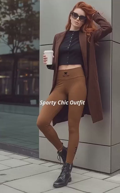 Quiet luxury activewear for woman - Camel leggings with unique black tattoos 