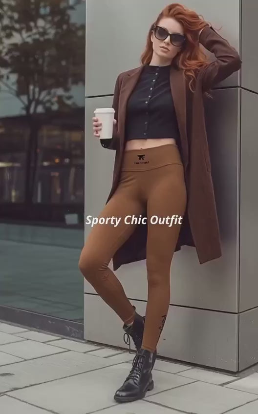 Quiet luxury activewear for woman - Camel leggings with unique black tattoos 