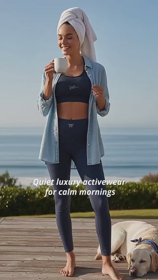 Activewear for women - Blue Denim Leggings with unique Grey tattoos. 