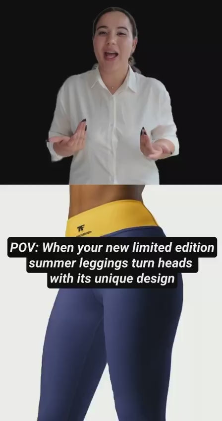 Activewear for women - Yoga Leggings Outfit blue indigo with a yellow waist and small tattoos | Limited edition TheFamous Studio