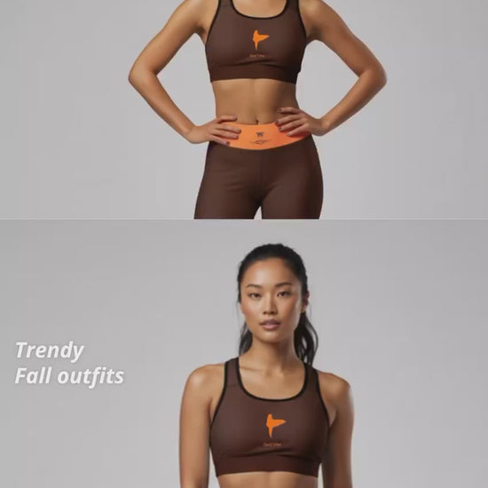 Activewear for women. Athleisure limited edition brown leggings with an orange waist and surfer tattoos. 