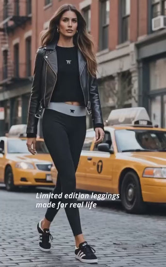 Sporty Chic Black leggings with a grey  taupe waistband