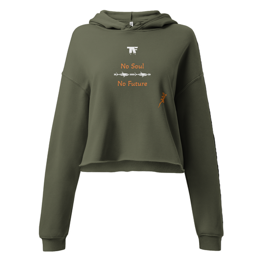 Activewear for women. Crop Hoodie Khaki  No Soul No Future with a touch of orange for the text
